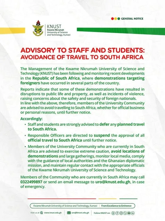 KNUST advises staff, students to avoid travel to South Africa over xenophobic violence