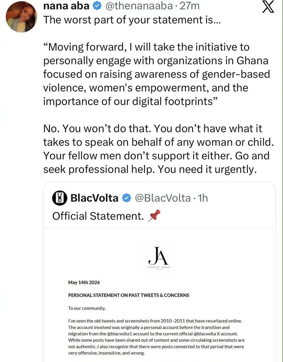 Nana Aba Anamoah rejects BlacVolta’s apology stance, questions advocacy pledge