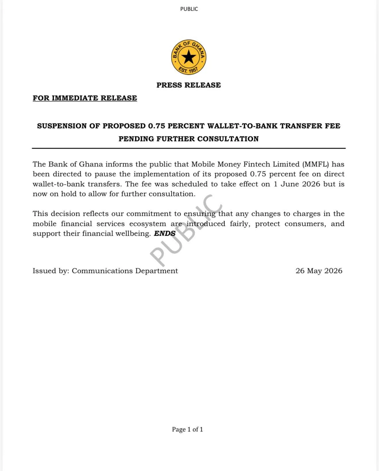 Bank of Ghana suspends proposed wallet-to-bank transfer fee following public concerns