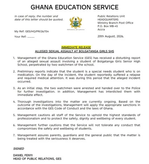 Two watchmen arrested over alleged sexual assault at Bolgatanga Girls SHS