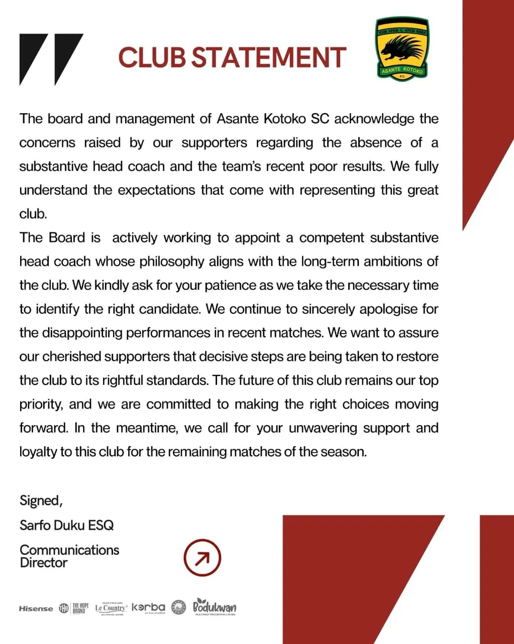 Asante Kotoko apologise to fans amid poor Ghana Premier League run