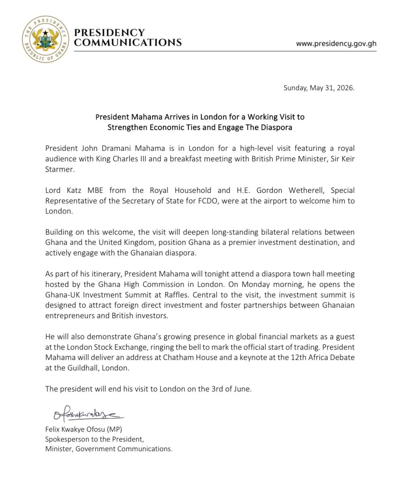 President Mahama to meet King Charles III and PM Keir Starmer in UK visit
