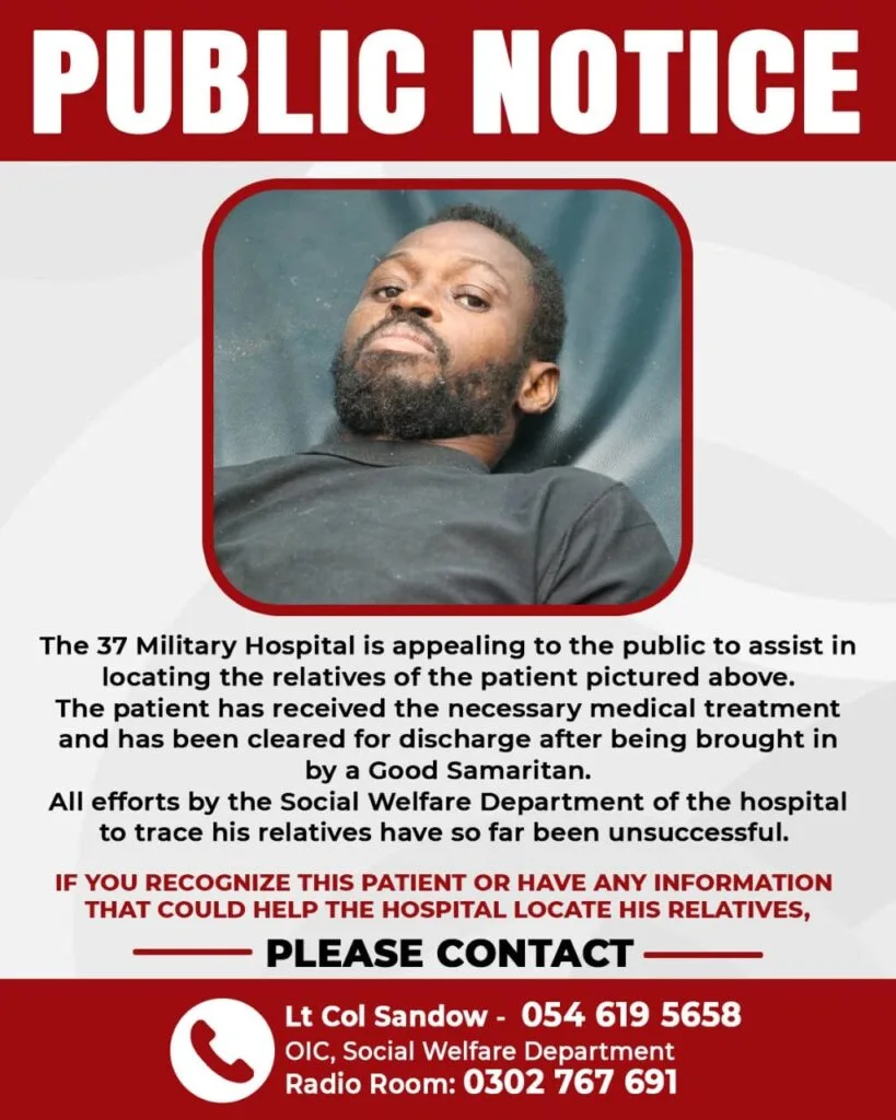 37 Military Hospital appeals for help to identify patient’s relatives