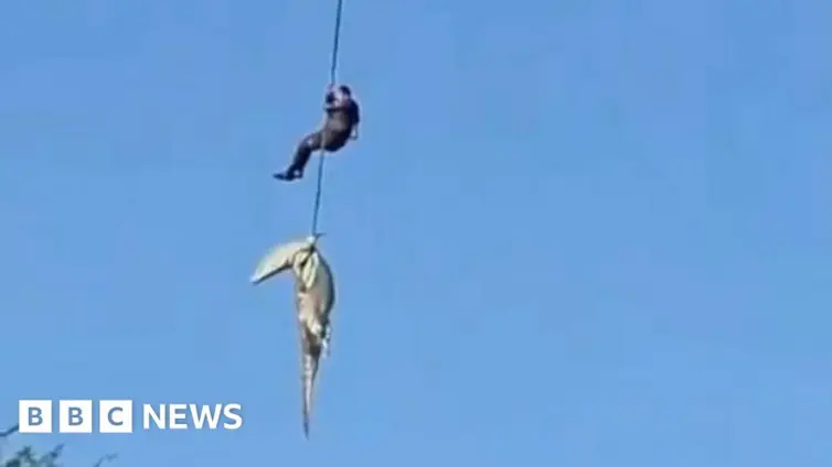 Police officer lowered into crocodile-infested river to recover human remains