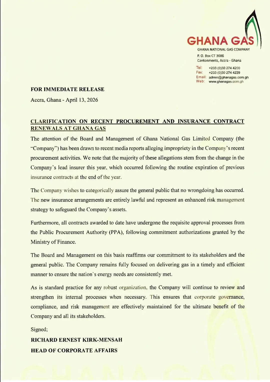 Ghana Gas defends insurer switch, says contracts fully approved