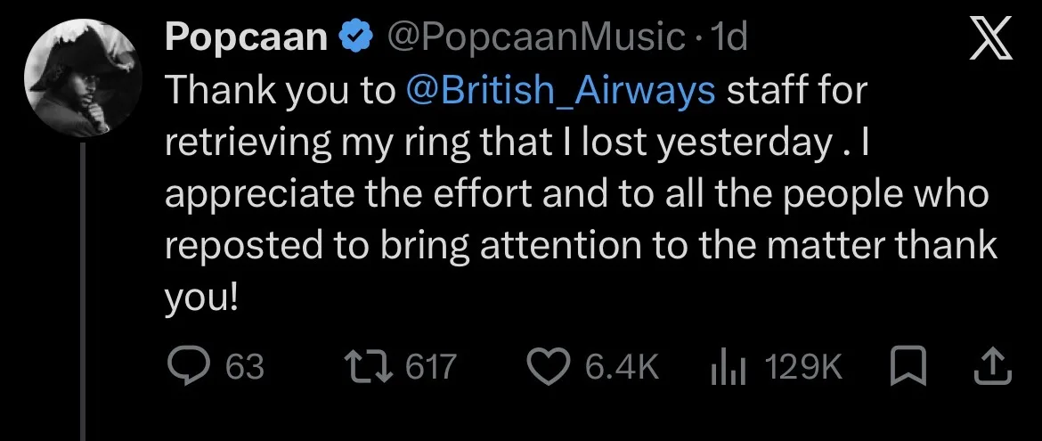 Popcaan recovers custom-made ring after British Airways flight