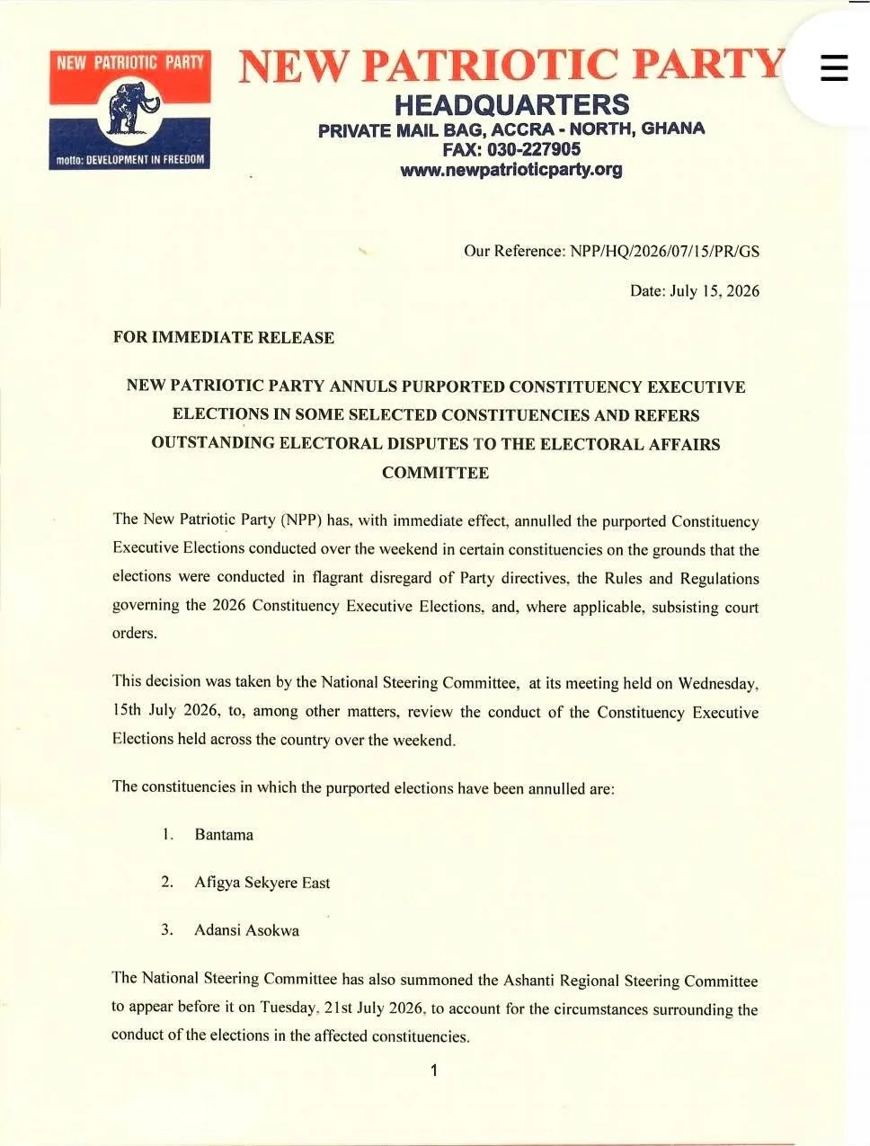 NPP annuls Bantama, Afigya Sekyere East and Adansi Asokwa constituency elections