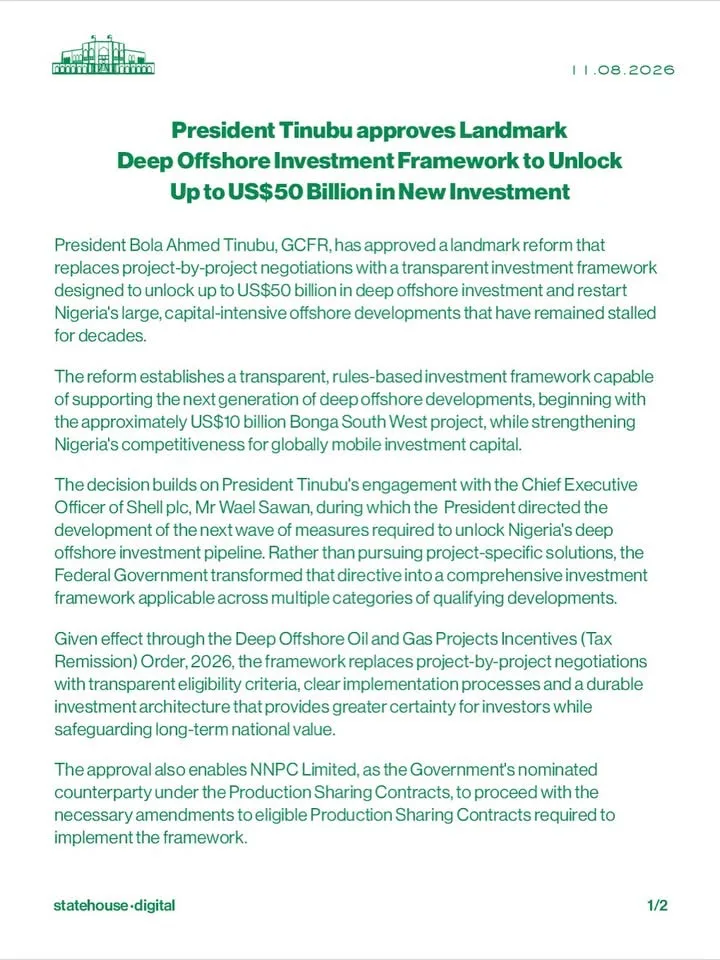Tinubu approves framework to attract US$50bn deep offshore investment