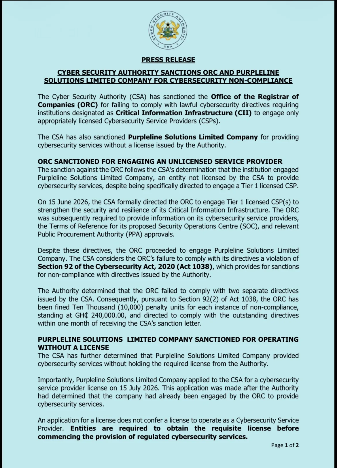 CSA fines ORC, Purpleline GHC360,000 for violating cybersecurity law