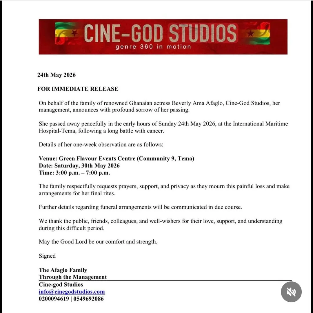 One-week observance announced for late Ghanaian actress Beverly Afaglo